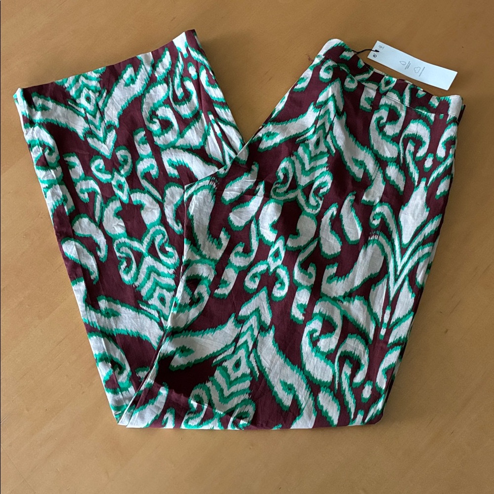 NWT Zara Brown Cream Green Ikat Lightweight Cotton Pants Size L